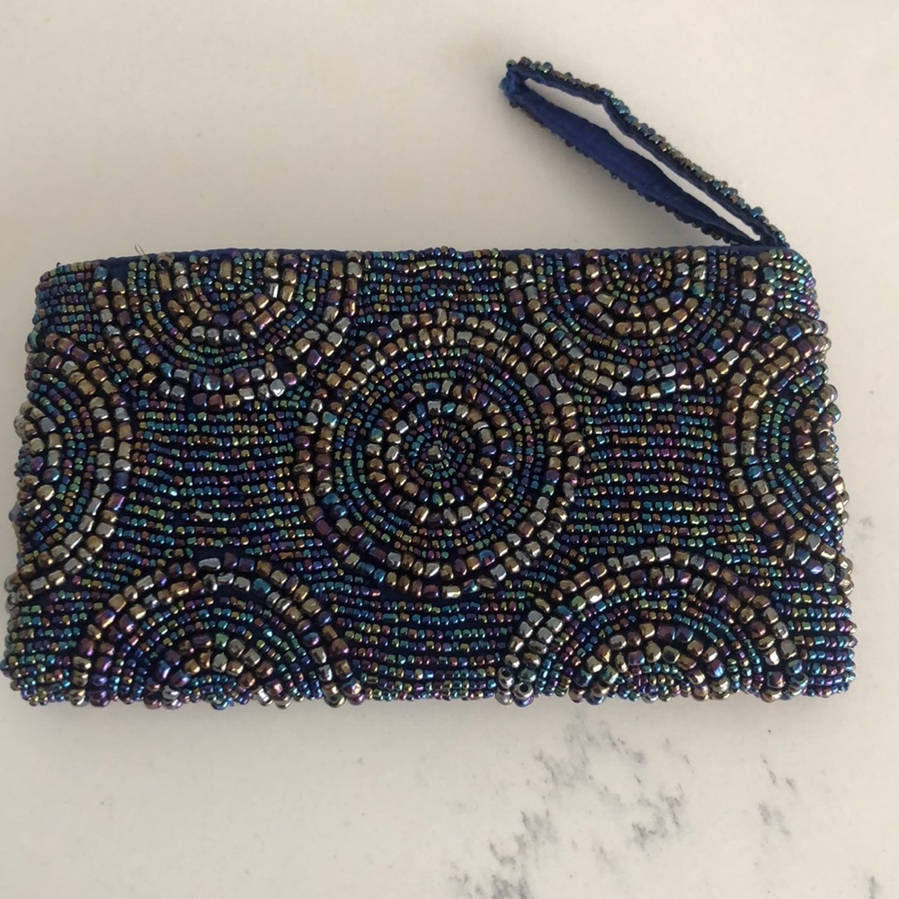Stunning blue-green beaded 5”x7” clutch, beaded strap NWOT